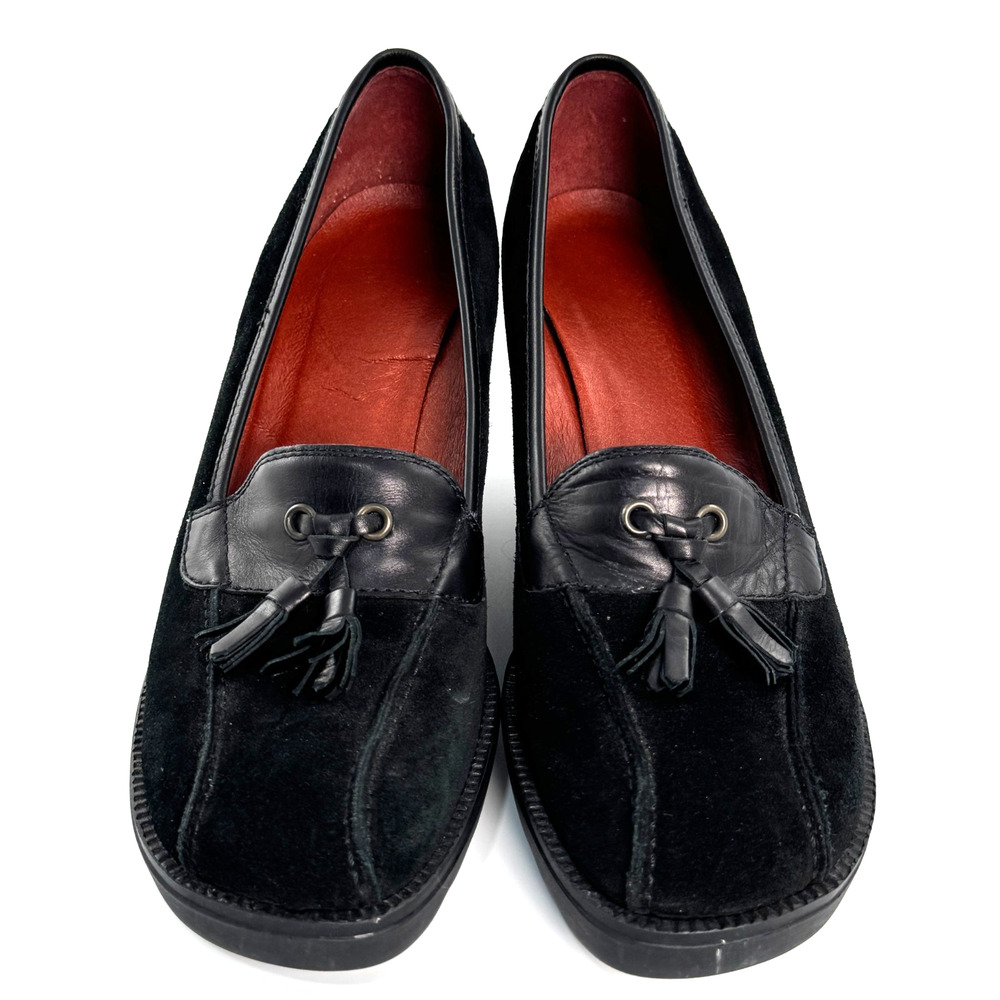 Donald Pliner Black Suede Leather Wedge Loafer Shoes Women Size 10 Tassel - Picture 2 of 6